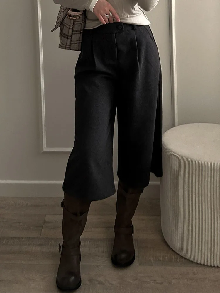 KarSaNy Black Woolen Cropped Pants Women Office Wear Wide Leg Trousers High Waist Gray Straight Leg Pants For Women Winter