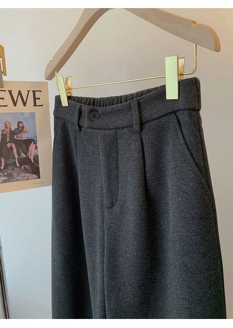 KarSaNy Black Woolen Cropped Pants Women Office Wear Wide Leg Trousers High Waist Gray Straight Leg Pants For Women Winter