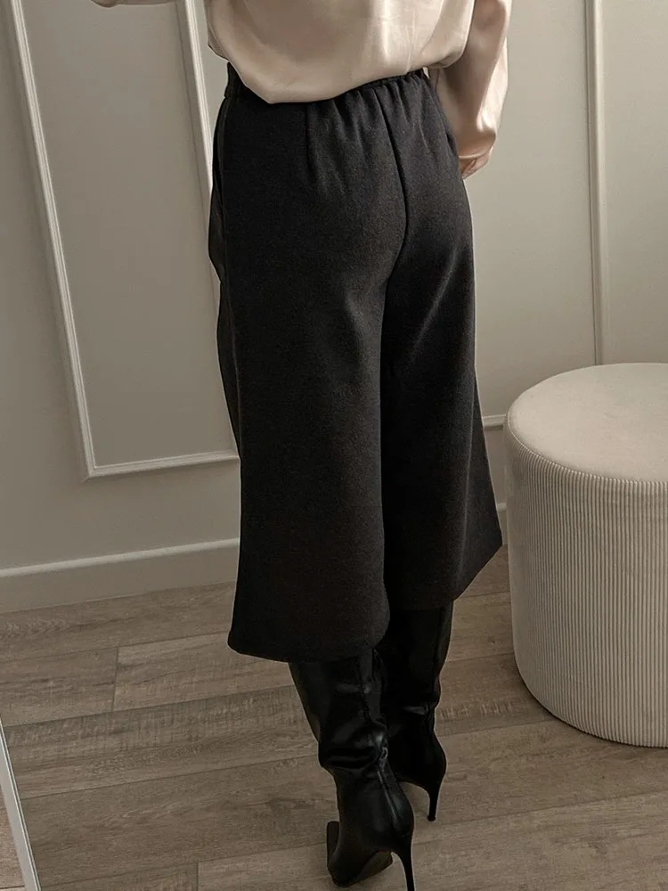 KarSaNy Black Woolen Cropped Pants Women Office Wear Wide Leg Trousers High Waist Gray Straight Leg Pants For Women Winter