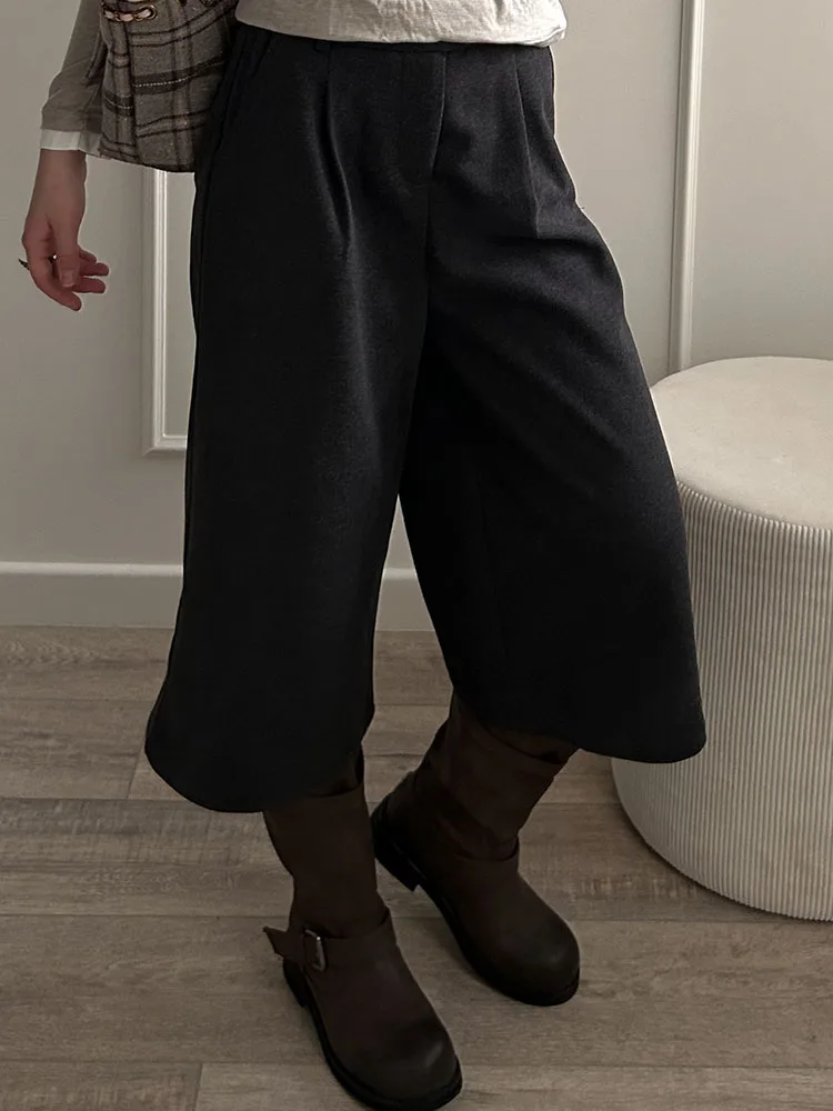 KarSaNy Black Woolen Cropped Pants Women Office Wear Wide Leg Trousers High Waist Gray Straight Leg Pants For Women Winter