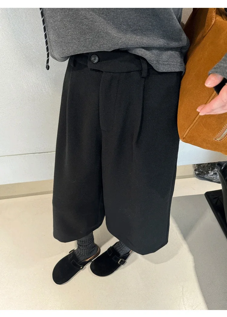 KarSaNy Black Woolen Cropped Pants Women Office Wear Wide Leg Trousers High Waist Gray Straight Leg Pants For Women Winter