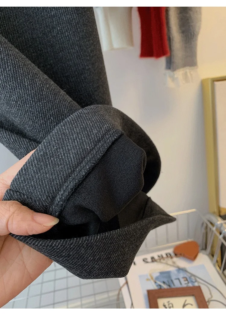 KarSaNy Black Woolen Cropped Pants Women Office Wear Wide Leg Trousers High Waist Gray Straight Leg Pants For Women Winter