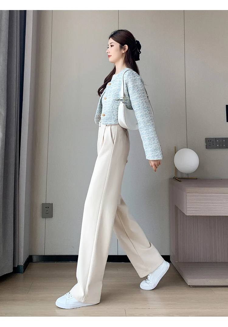 Jielur Winter Thick Loose Casual Female Wide Leg Pants Pure Color Chic Buttons Straight Slim Fashion Women Pants Black Apricot
