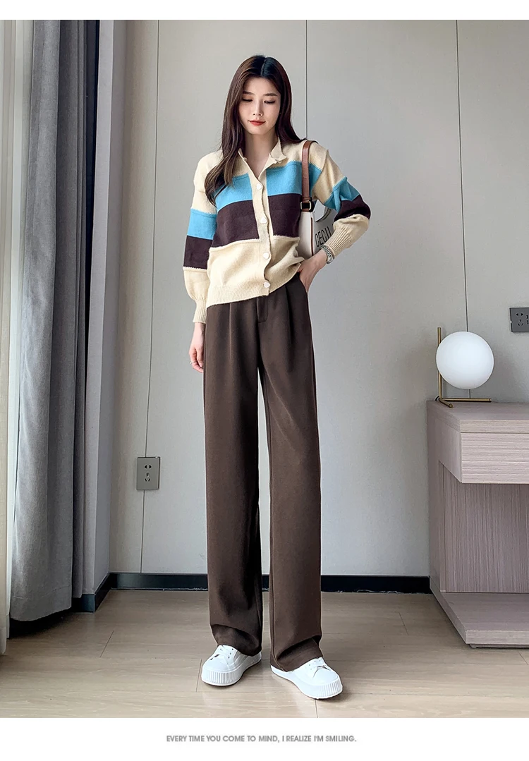 Jielur Winter Thick Loose Casual Female Wide Leg Pants Pure Color Chic Buttons Straight Slim Fashion Women Pants Black Apricot