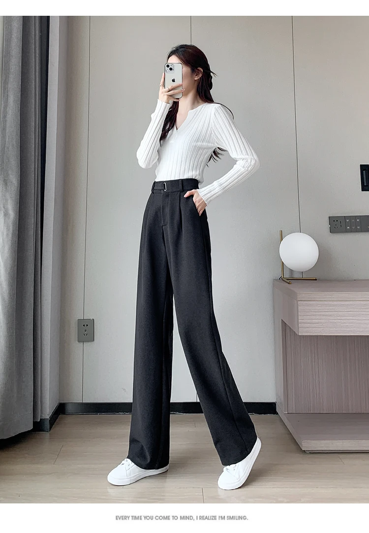 Jielur Winter Thick Loose Casual Female Wide Leg Pants Pure Color Chic Buttons Straight Slim Fashion Women Pants Black Apricot
