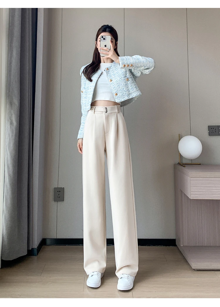 Jielur Winter Thick Loose Casual Female Wide Leg Pants Pure Color Chic Buttons Straight Slim Fashion Women Pants Black Apricot