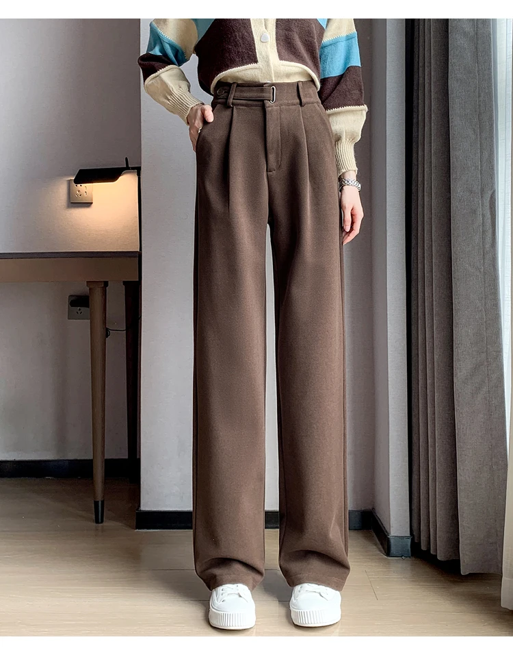Jielur Winter Thick Loose Casual Female Wide Leg Pants Pure Color Chic Buttons Straight Slim Fashion Women Pants Black Apricot