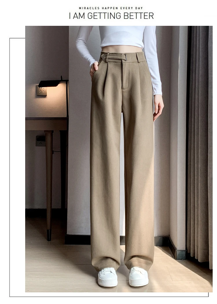 Jielur Winter Thick Loose Casual Female Wide Leg Pants Pure Color Chic Buttons Straight Slim Fashion Women Pants Black Apricot
