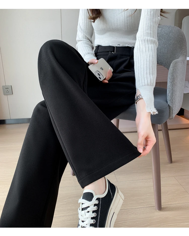 Jielur Winter Thick Loose Casual Female Wide Leg Pants Pure Color Chic Buttons Straight Slim Fashion Women Pants Black Apricot