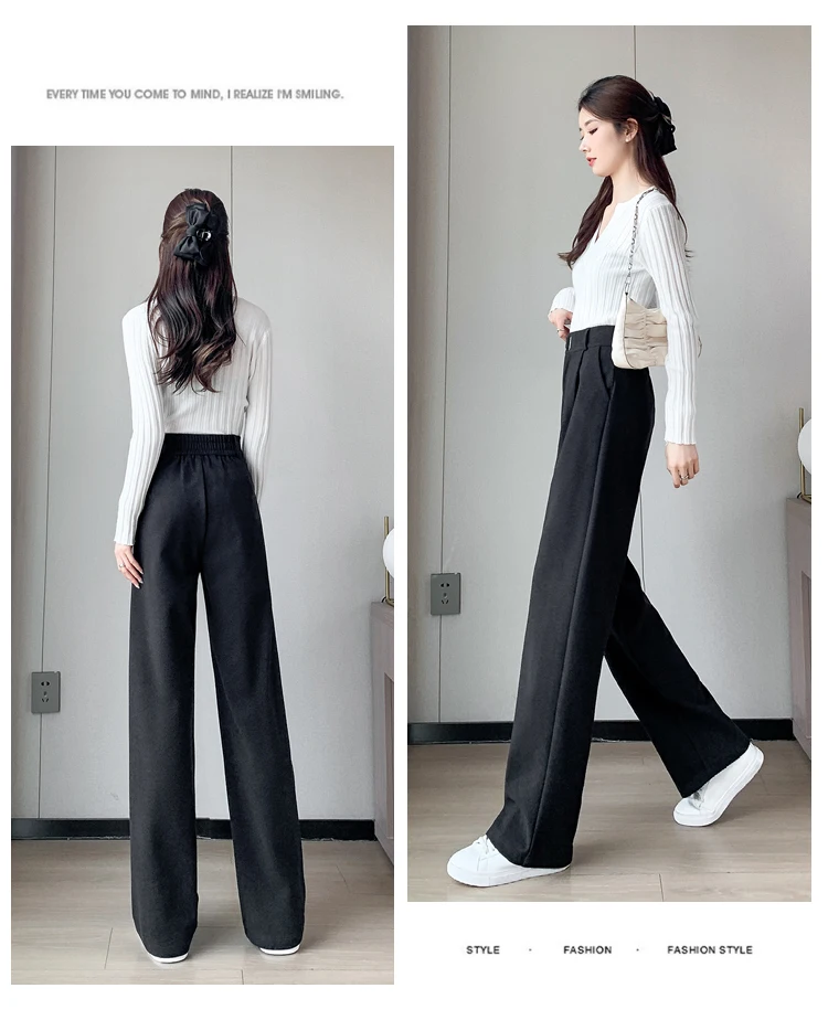 Jielur Winter Thick Loose Casual Female Wide Leg Pants Pure Color Chic Buttons Straight Slim Fashion Women Pants Black Apricot