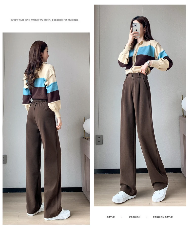 Jielur Winter Thick Loose Casual Female Wide Leg Pants Pure Color Chic Buttons Straight Slim Fashion Women Pants Black Apricot