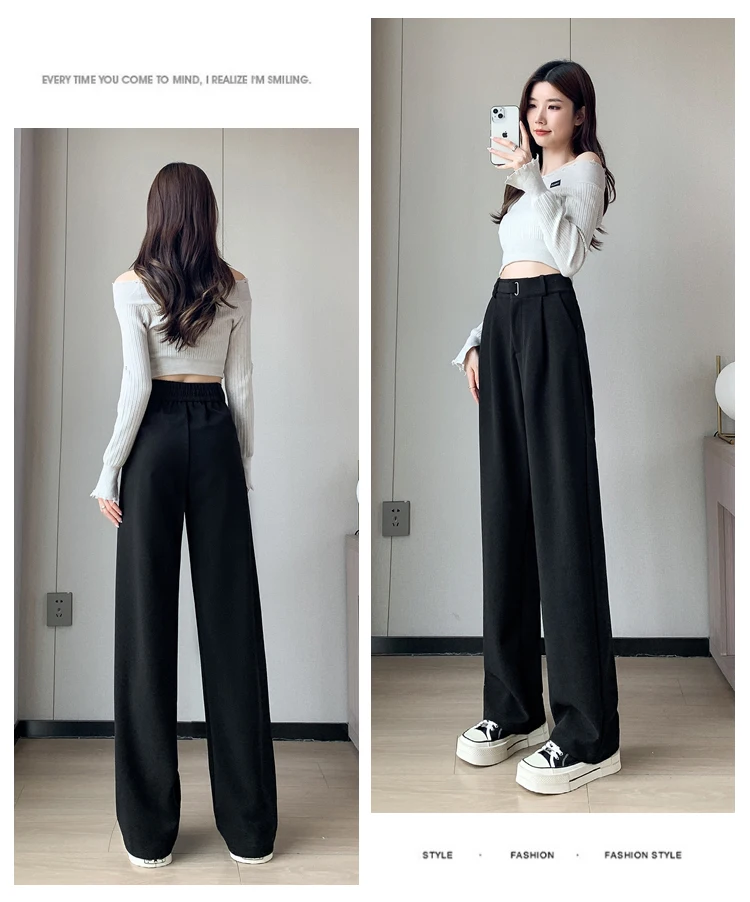 Jielur Winter Thick Loose Casual Female Wide Leg Pants Pure Color Chic Buttons Straight Slim Fashion Women Pants Black Apricot