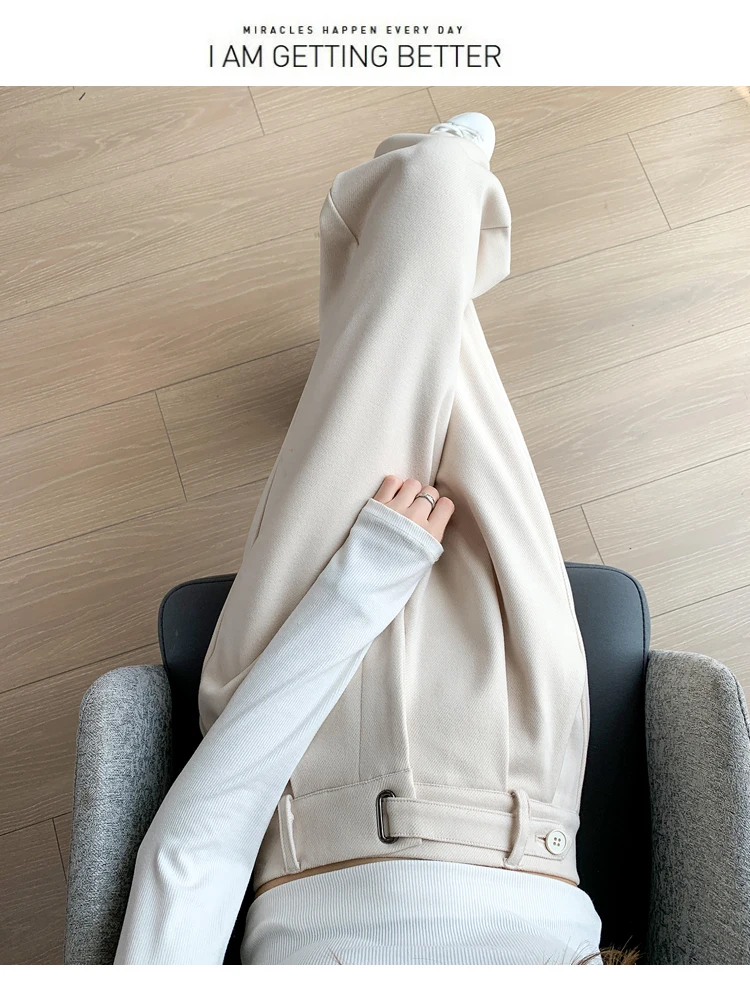 Jielur Winter Thick Loose Casual Female Wide Leg Pants Pure Color Chic Buttons Straight Slim Fashion Women Pants Black Apricot