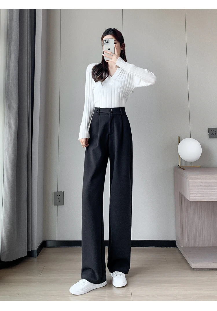 Jielur Winter Thick Loose Casual Female Wide Leg Pants Pure Color Chic Buttons Straight Slim Fashion Women Pants Black Apricot