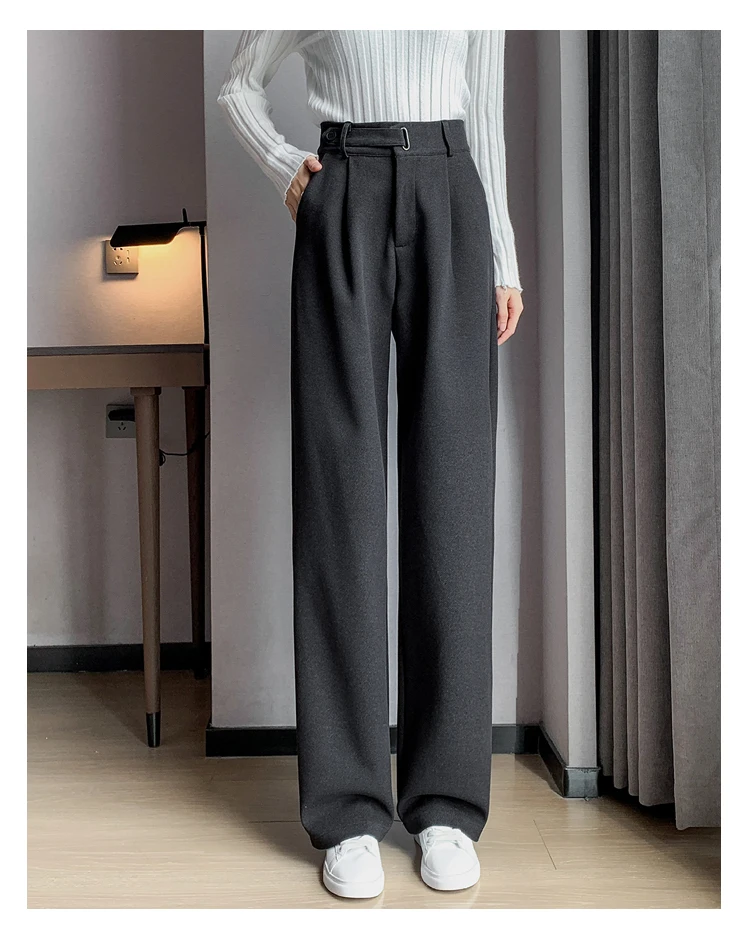 Jielur Winter Thick Loose Casual Female Wide Leg Pants Pure Color Chic Buttons Straight Slim Fashion Women Pants Black Apricot