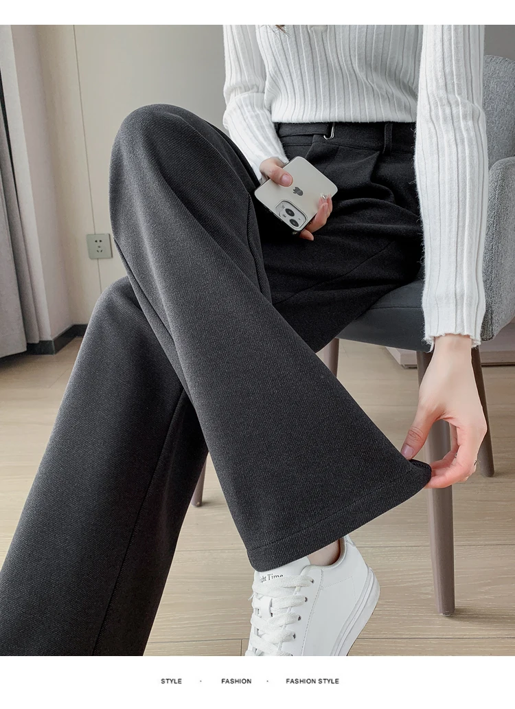 Jielur Winter Thick Loose Casual Female Wide Leg Pants Pure Color Chic Buttons Straight Slim Fashion Women Pants Black Apricot