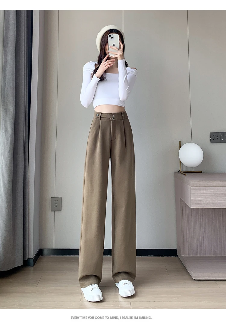 Jielur Winter Thick Loose Casual Female Wide Leg Pants Pure Color Chic Buttons Straight Slim Fashion Women Pants Black Apricot