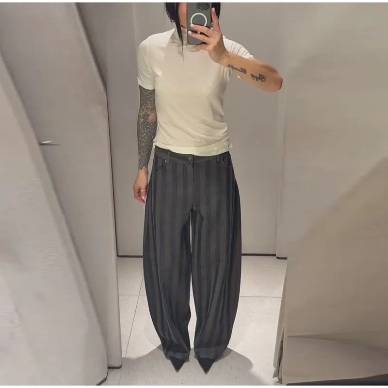 Fashion Striped Barrel Pants Women's High Waist Loose Wide Leg Button Casual Trousers 2026 Spring New Lady Comfortable Bottoms