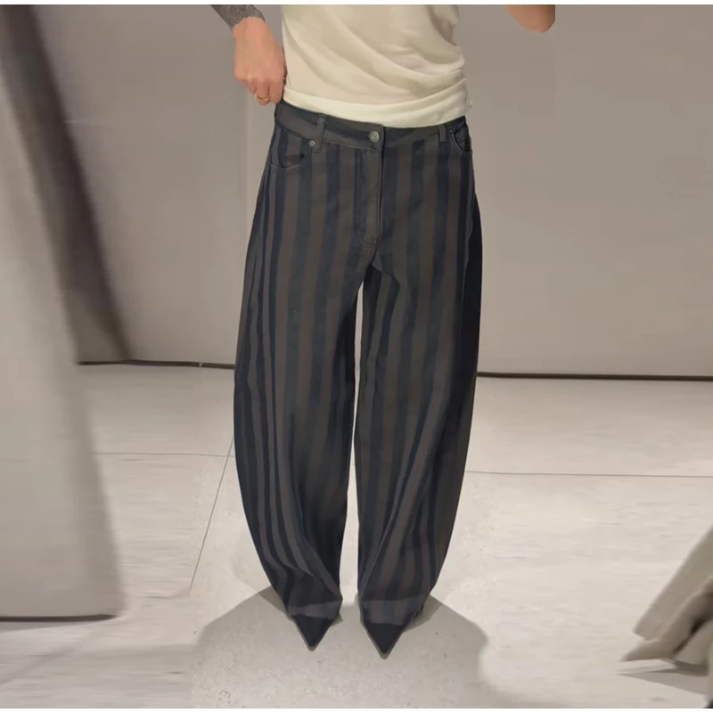 Fashion Striped Barrel Pants Women's High Waist Loose Wide Leg Button Casual Trousers 2026 Spring New Lady Comfortable Bottoms