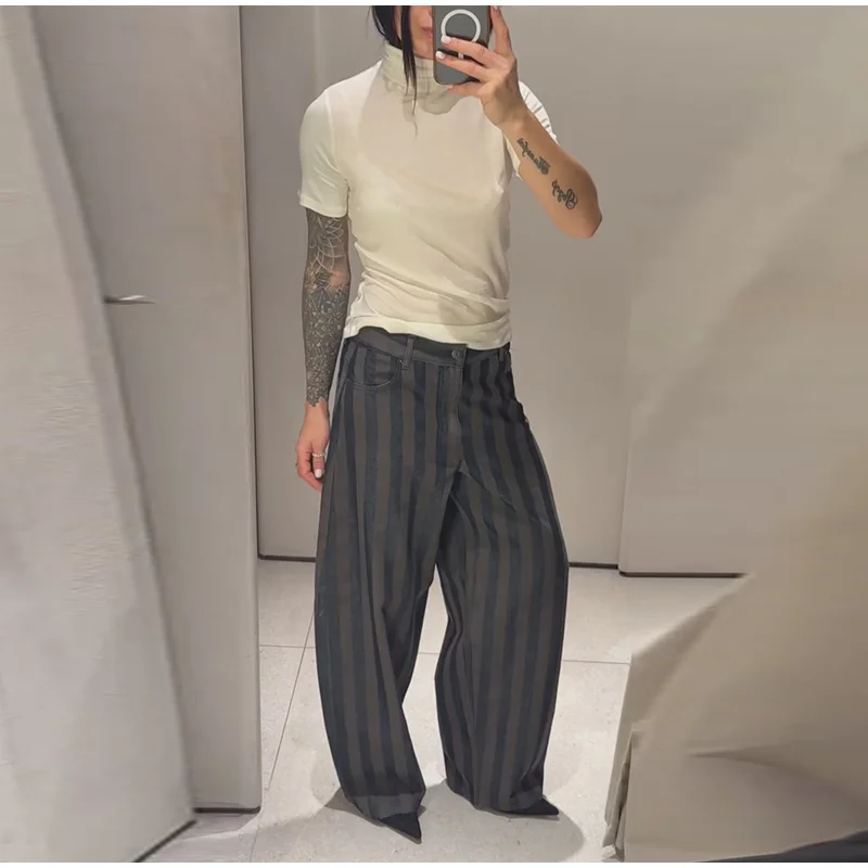 Fashion Striped Barrel Pants Women's High Waist Loose Wide Leg Button Casual Trousers 2026 Spring New Lady Comfortable Bottoms