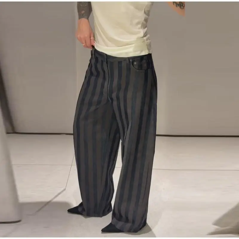 Fashion Striped Barrel Pants Women's High Waist Loose Wide Leg Button Casual Trousers 2026 Spring New Lady Comfortable Bottoms