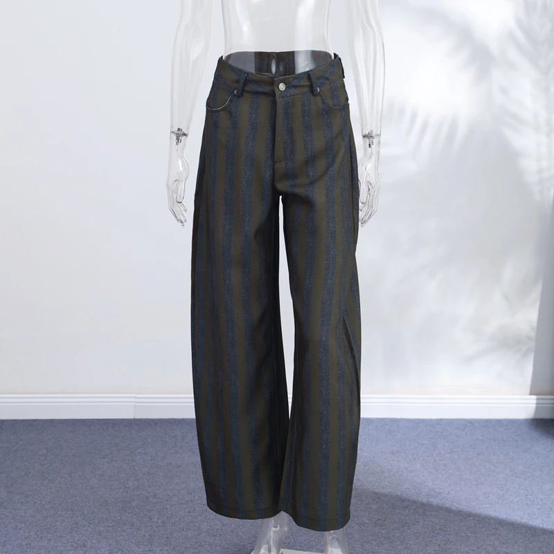 Fashion Striped Barrel Pants Women's High Waist Loose Wide Leg Button Casual Trousers 2026 Spring New Lady Comfortable Bottoms