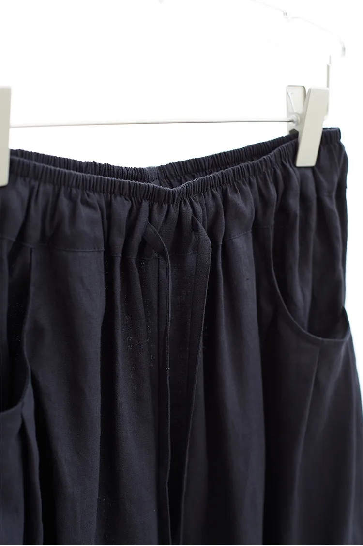 100% Linen Women's Casual Wide-Leg Pants with Ruched Design, Loose-Fitting Cropped Pants for Summer