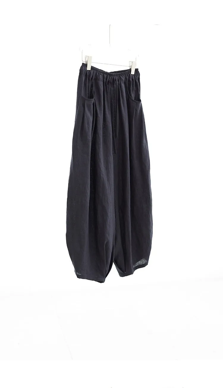 100% Linen Women's Casual Wide-Leg Pants with Ruched Design, Loose-Fitting Cropped Pants for Summer