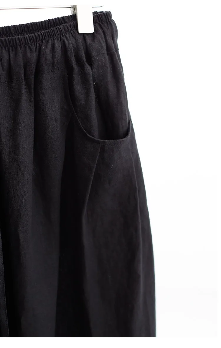100% Linen Women's Casual Wide-Leg Pants with Ruched Design, Loose-Fitting Cropped Pants for Summer