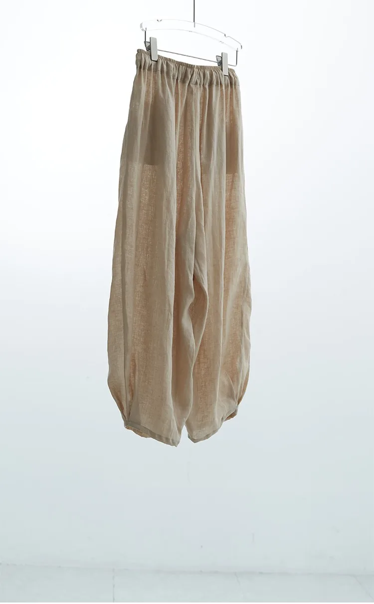 100% Linen Women's Casual Wide-Leg Pants with Ruched Design, Loose-Fitting Cropped Pants for Summer