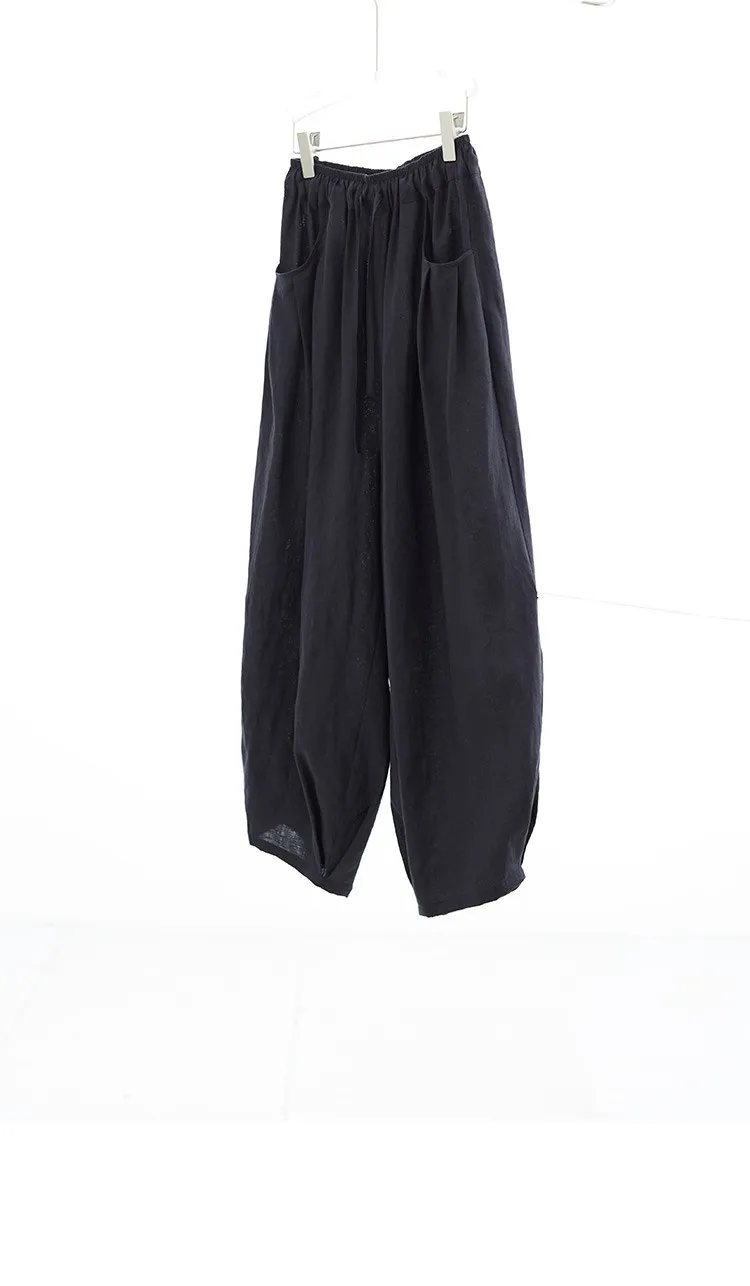 100% Linen Women's Casual Wide-Leg Pants with Ruched Design, Loose-Fitting Cropped Pants for Summer