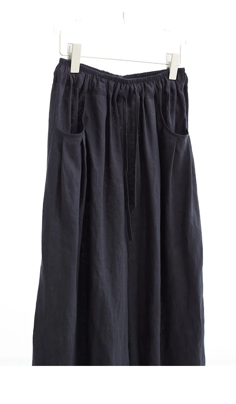 100% Linen Women's Casual Wide-Leg Pants with Ruched Design, Loose-Fitting Cropped Pants for Summer
