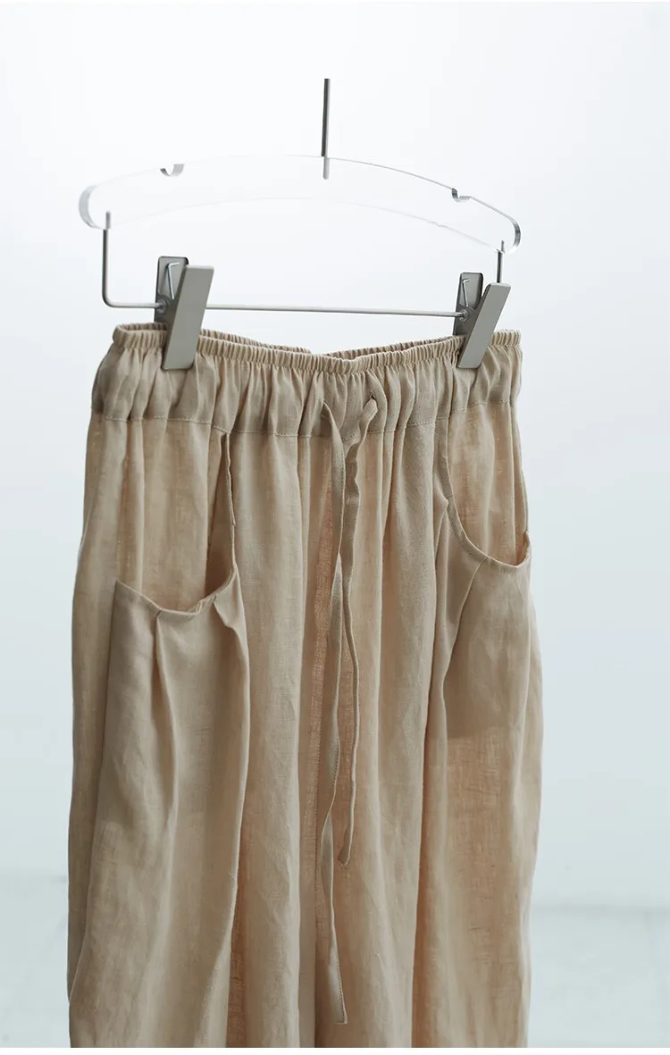 100% Linen Women's Casual Wide-Leg Pants with Ruched Design, Loose-Fitting Cropped Pants for Summer