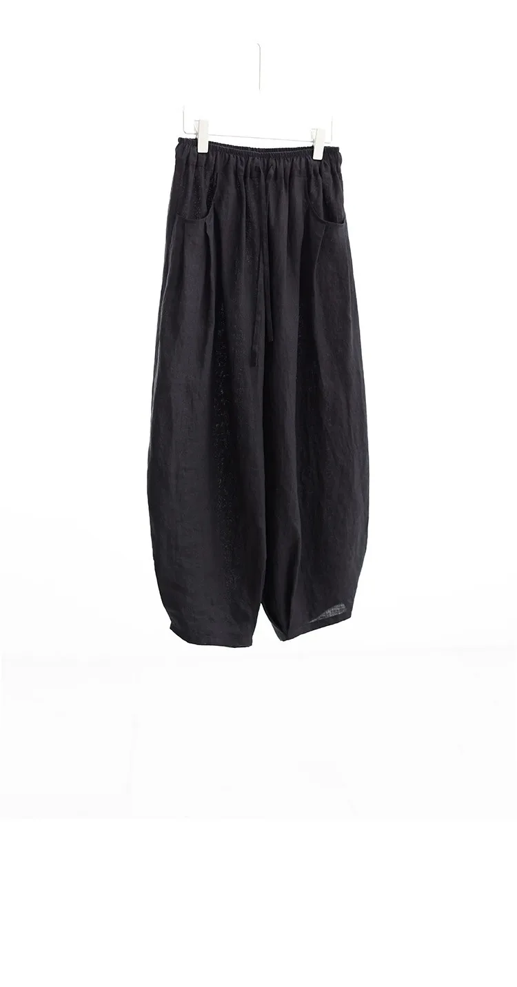 100% Linen Women's Casual Wide-Leg Pants with Ruched Design, Loose-Fitting Cropped Pants for Summer