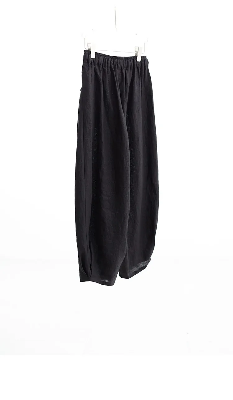 100% Linen Women's Casual Wide-Leg Pants with Ruched Design, Loose-Fitting Cropped Pants for Summer