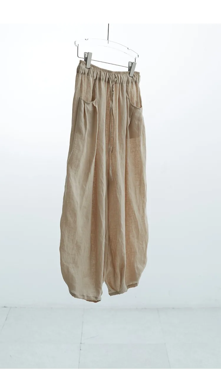 100% Linen Women's Casual Wide-Leg Pants with Ruched Design, Loose-Fitting Cropped Pants for Summer