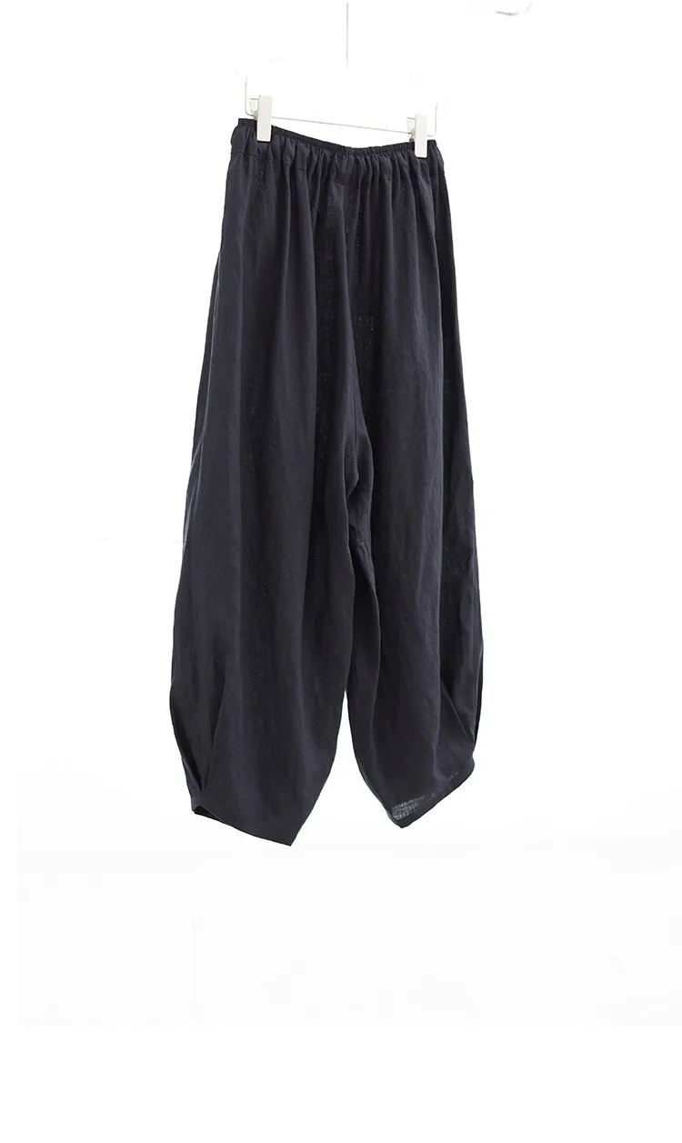 100% Linen Women's Casual Wide-Leg Pants with Ruched Design, Loose-Fitting Cropped Pants for Summer