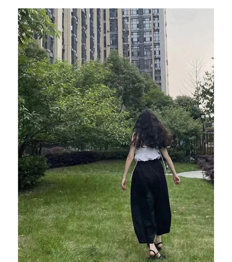 100% Linen Women's Casual Wide-Leg Pants with Ruched Design, Loose-Fitting Cropped Pants for Summer