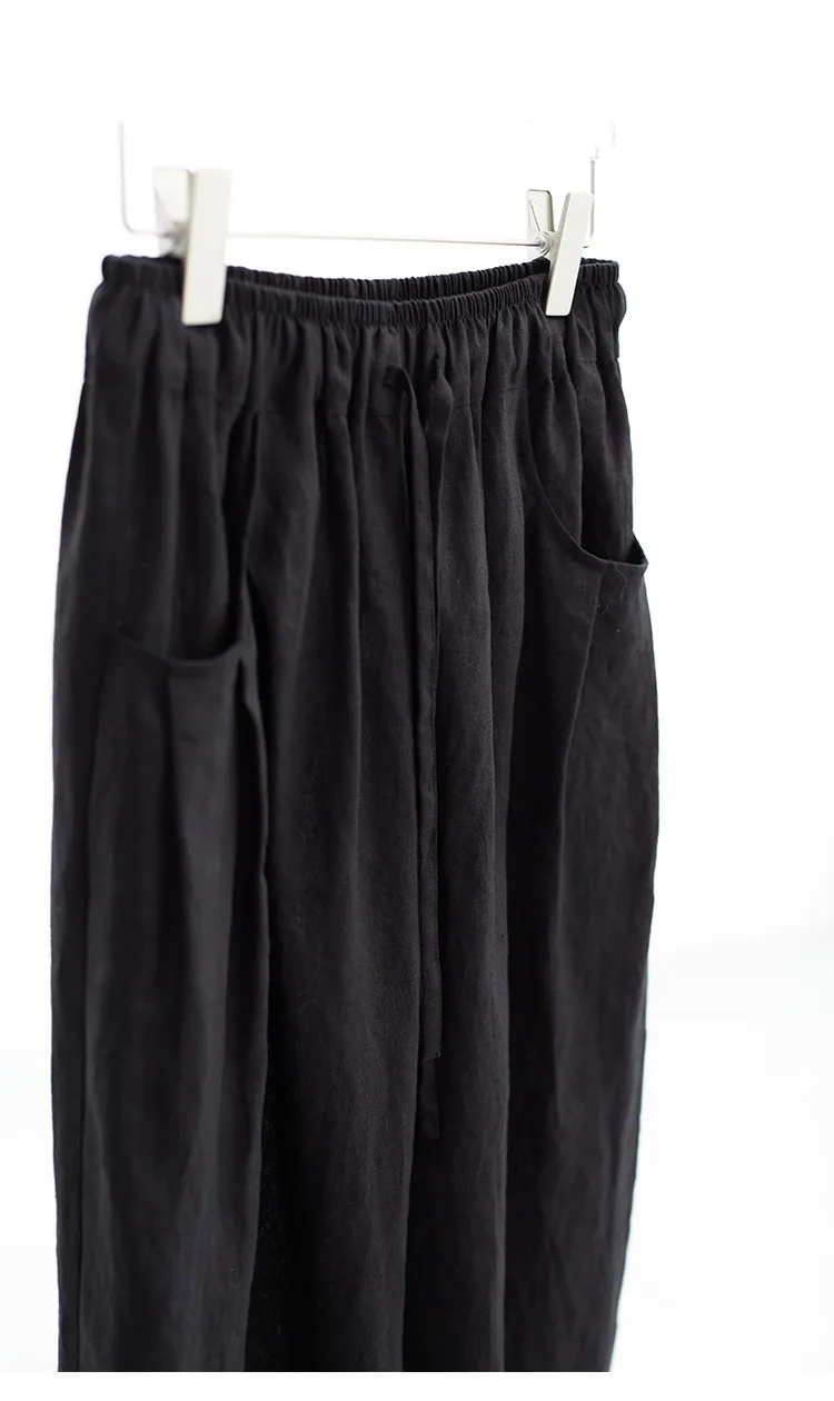 100% Linen Women's Casual Wide-Leg Pants with Ruched Design, Loose-Fitting Cropped Pants for Summer