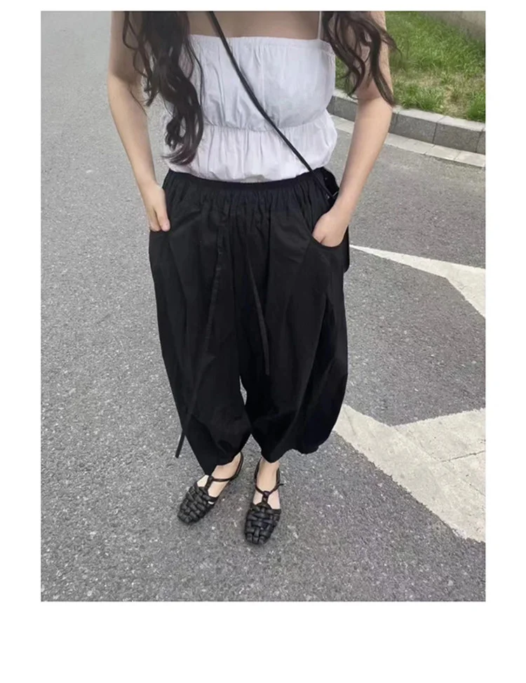 100% Linen Women's Casual Wide-Leg Pants with Ruched Design, Loose-Fitting Cropped Pants for Summer