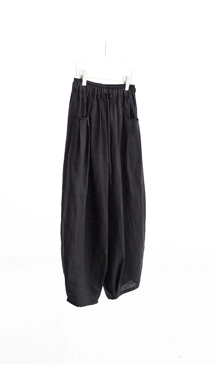 100% Linen Women's Casual Wide-Leg Pants with Ruched Design, Loose-Fitting Cropped Pants for Summer