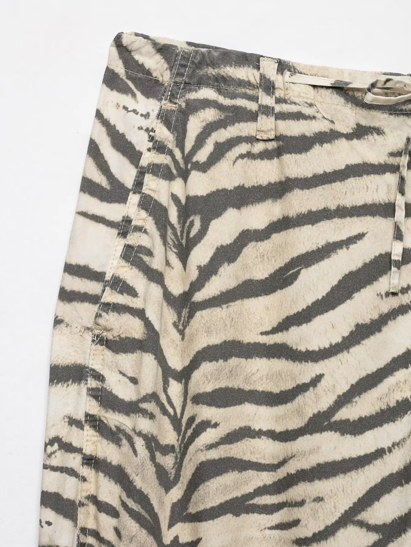 HH 2026 Vintage Women's Animal Print Wide Leg Pants With Drawstring Summer Female Hem Loose Fit Casual Mid Waist Street Trousers