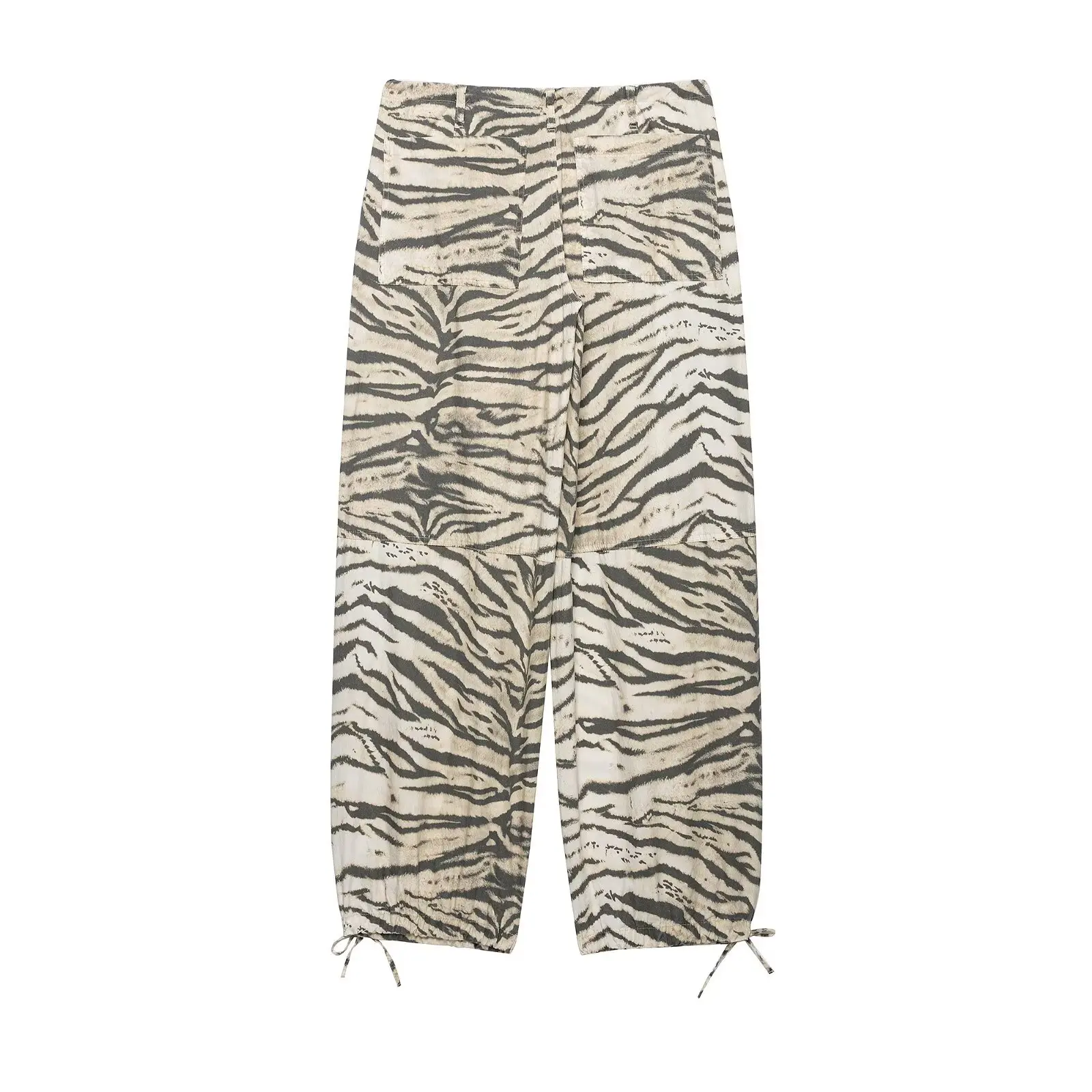 HH 2026 Vintage Women's Animal Print Wide Leg Pants With Drawstring Summer Female Hem Loose Fit Casual Mid Waist Street Trousers