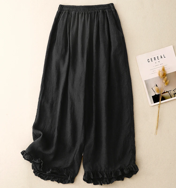 Cotton and Linen Nine-Minute Pants Women's Summer New Japanese Literary Wooden Ear Edge Fashion Chic High Waist Wide Leg Pants
