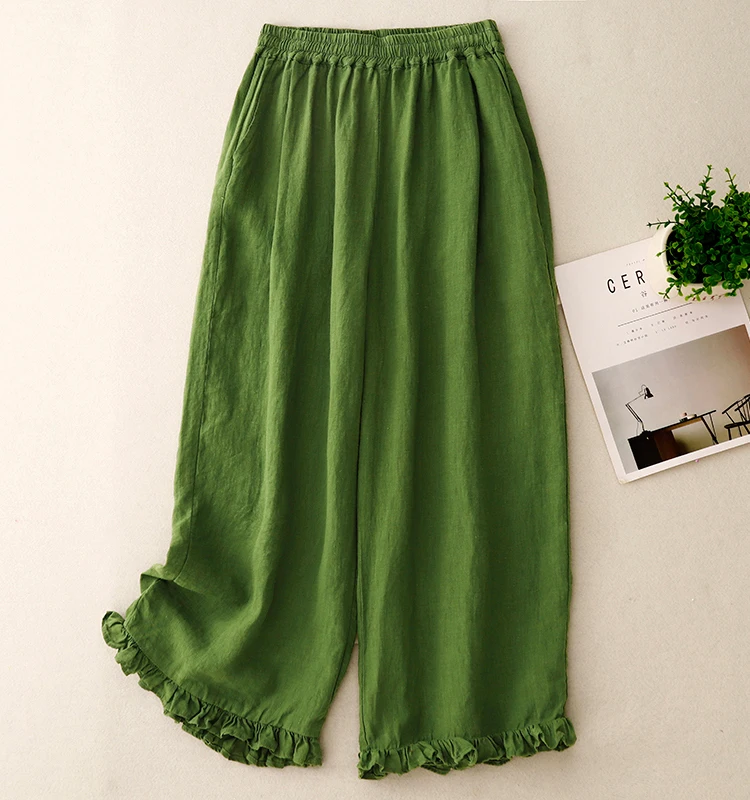 Cotton and Linen Nine-Minute Pants Women's Summer New Japanese Literary Wooden Ear Edge Fashion Chic High Waist Wide Leg Pants