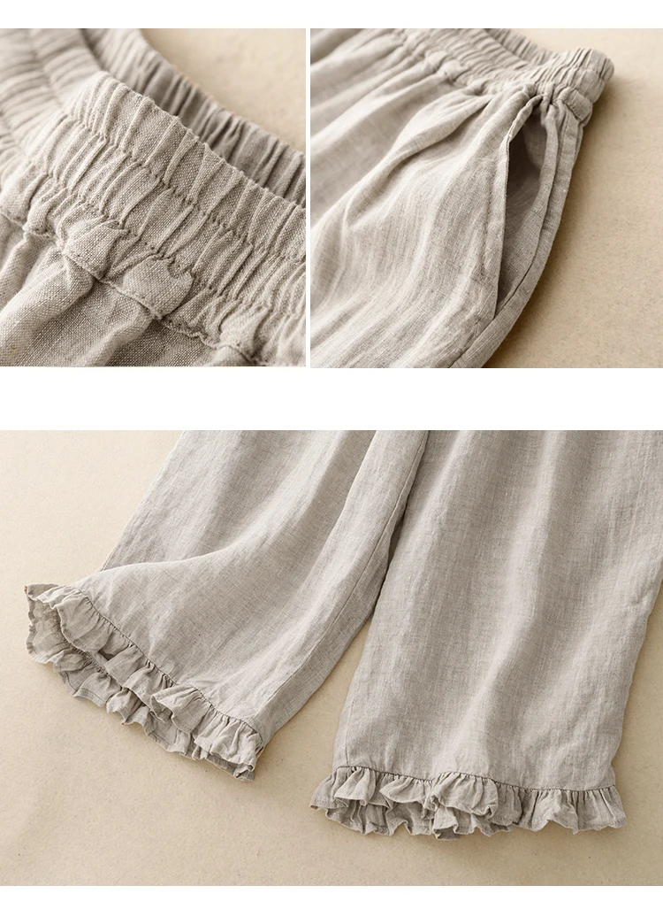 Cotton and Linen Nine-Minute Pants Women's Summer New Japanese Literary Wooden Ear Edge Fashion Chic High Waist Wide Leg Pants