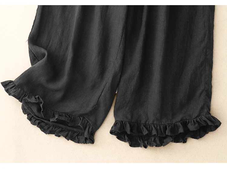 Cotton and Linen Nine-Minute Pants Women's Summer New Japanese Literary Wooden Ear Edge Fashion Chic High Waist Wide Leg Pants