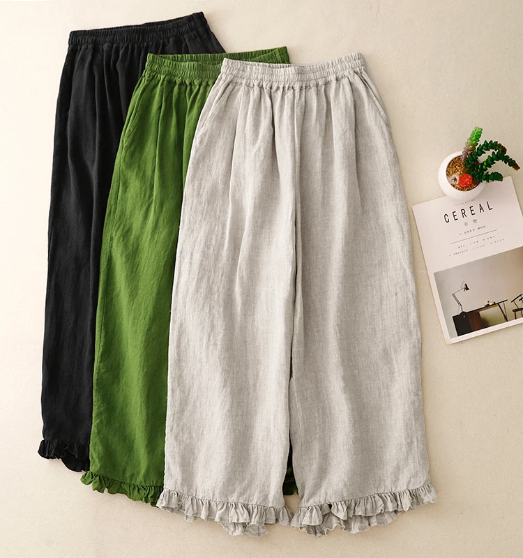 Cotton and Linen Nine-Minute Pants Women's Summer New Japanese Literary Wooden Ear Edge Fashion Chic High Waist Wide Leg Pants