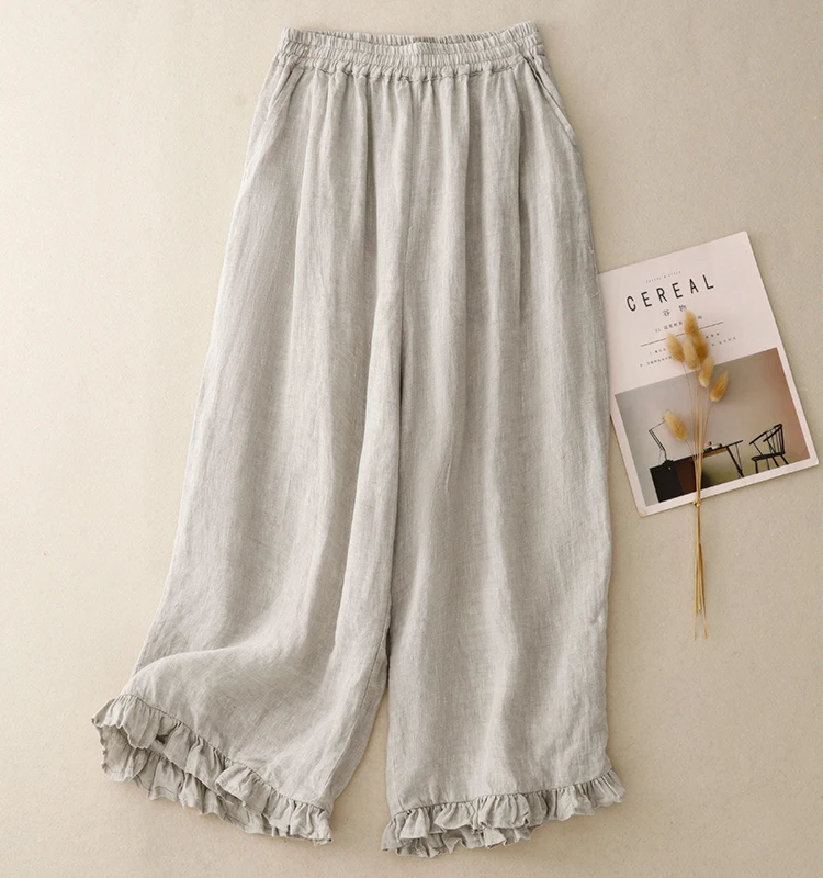 Cotton and Linen Nine-Minute Pants Women's Summer New Japanese Literary Wooden Ear Edge Fashion Chic High Waist Wide Leg Pants