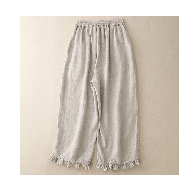 Cotton and Linen Nine-Minute Pants Women's Summer New Japanese Literary Wooden Ear Edge Fashion Chic High Waist Wide Leg Pants